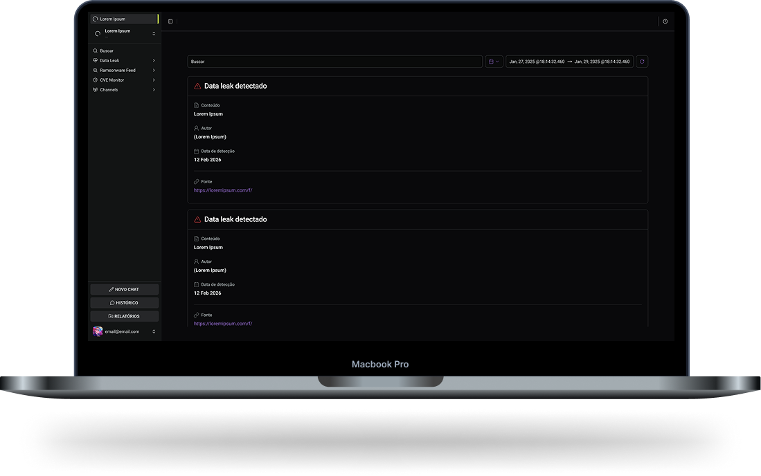 Interface da plataforma Threat Intelligence